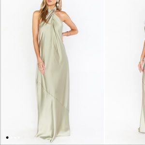 Show Me Your Mumu Jasmine Halter Bridesmaids Dress, Moss Green Luxe Satin